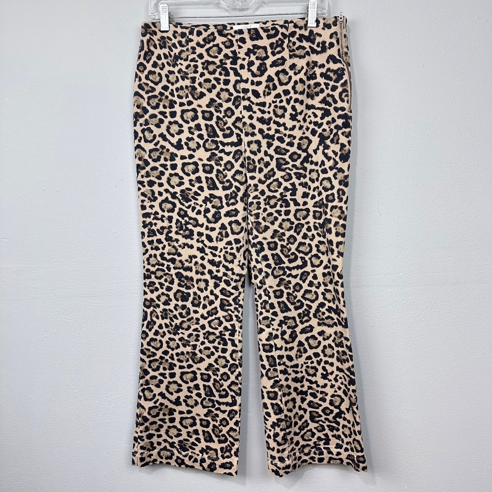 LOFT Leopard Print Pants Womens Size 8 Beige Black Side Zip Straight Leg Ankle - Picture 1 of 10